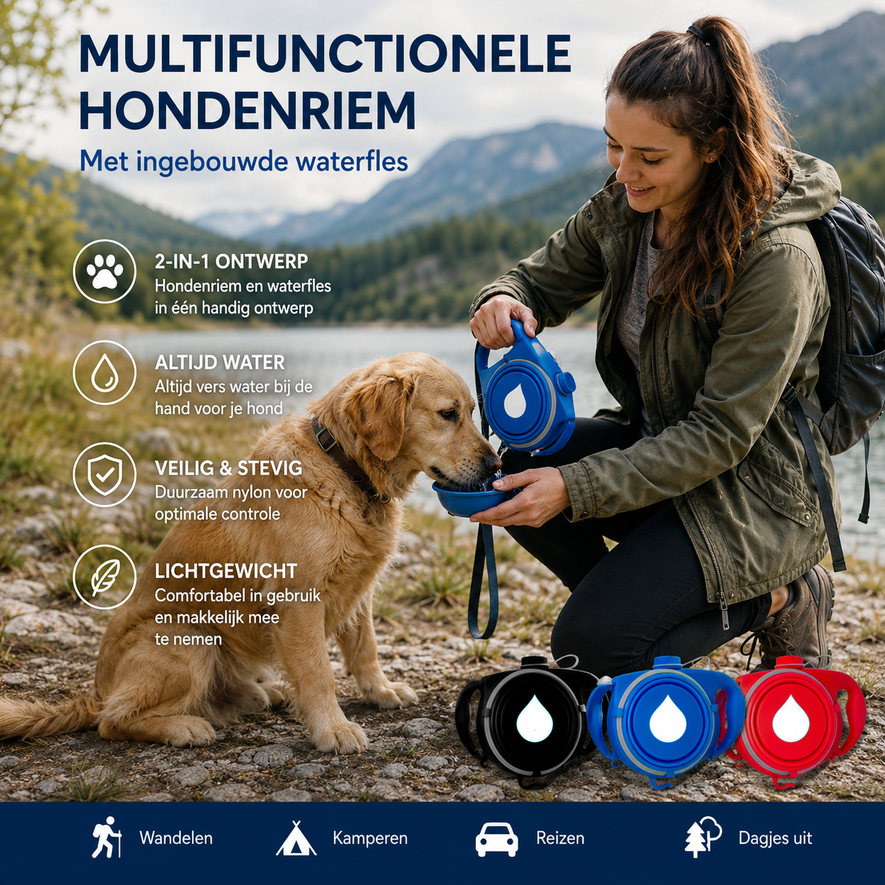 2 in 1 Hondenriem met Geïntegreerde Waterfles