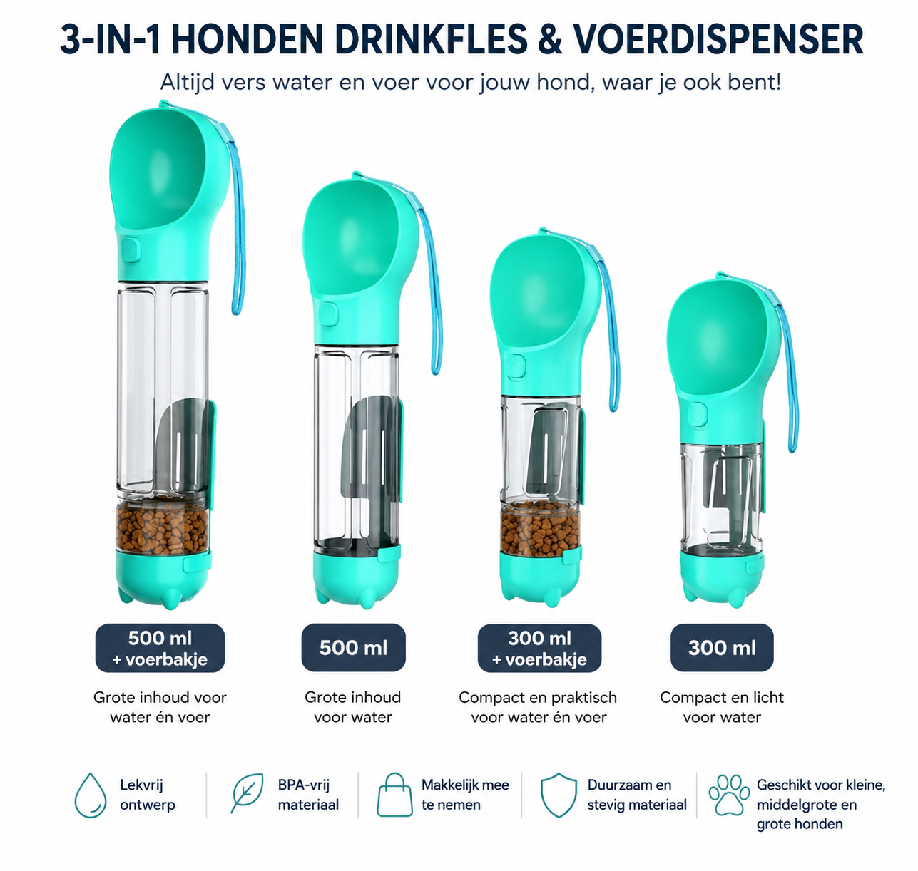 3-in-1 Draagbare Drinkfles en Voerdispenser voor Honden